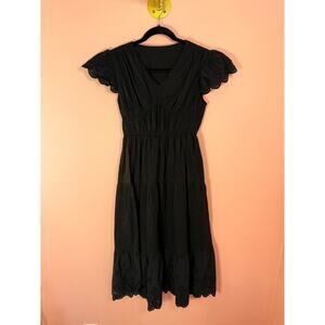 Black Tiered Midi Dress – Eyelet Lace Flutter Sleeves & Boho Chic Style S